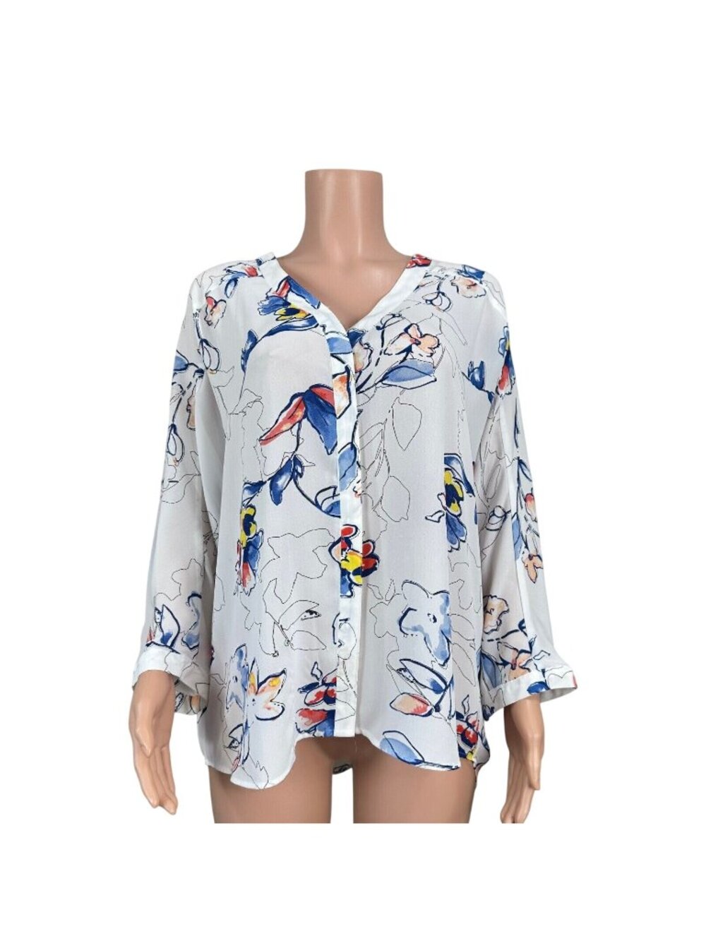 Gibson Latimer Women SZ L White Floral Print Button Up Top Blouse-V Neck-Casual